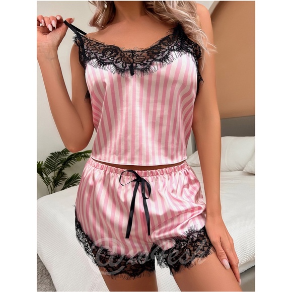 Pink Striped Print Cami + Shorts 2 Piece PJ Set - Picture 3 of 11
